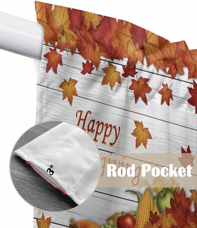 Happy Thanksgiving Orange Pumpkins Maple Leaves Fall Swag Valance Curtains Autumn Harvest Corn Apples Wood Grain Rod Pocket Kitchen Curtains, Scalloped Window Treatment Valances, 1 Pair, 28"W x 36"L