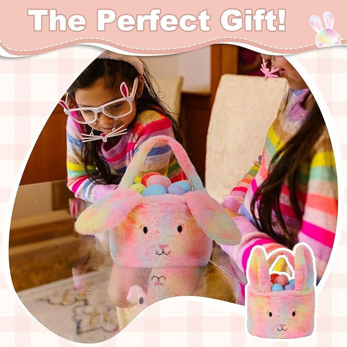 Easter Baskets for Kids,Plush Egg Hunting Easter Buckets with Handle Folded Ears, Gifts Boys Girls