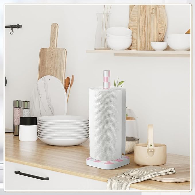 Teenyyou Pink Checkerboard Paper Towel Holder Countertop Wood Standing Paper Roll Holder with Anti Skid Base Pink Decorative for Kitchen Bathrooms Living Room