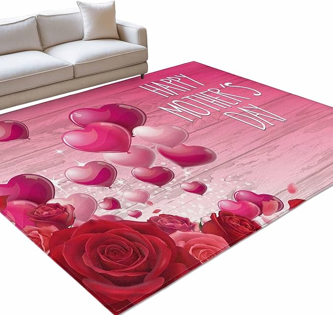 Area Rug 4x6ft, Mother's Day Love Balloon Rose Washable Rugs for Living Room Bedroom, Gradient Pink Wood Grain Soft Non-Slip Area Rugs Rectangle Floor Carpet for Dining Room