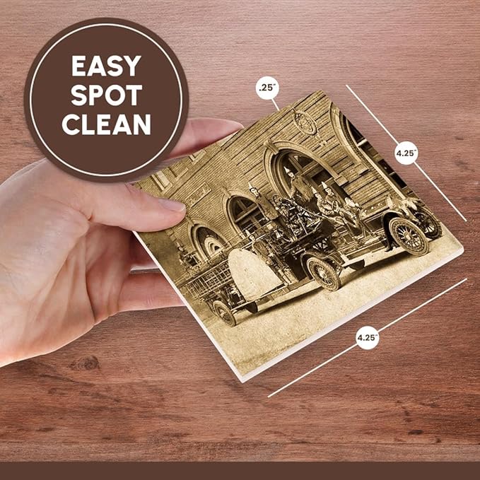 3dRose CST_16203_3 1920s Hook and Ladder Fire Company Sepia-Ceramic Tile Coasters, Set of 4