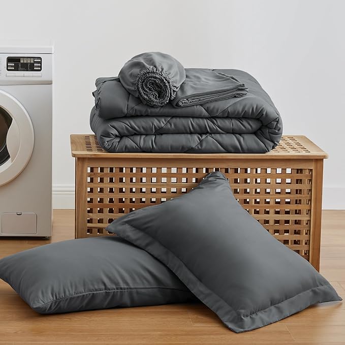 Love's cabin Twin Comforter Set Dark Grey, 5 Pieces Twin Bed in a Bag, All Season Bedding Sets with 1 Comforter, 1 Flat Sheet, 1 Fitted Sheet, 1 Pillowcase and 1 Pillow Sham | Soft, Breathable, Lightweight, Comfortable