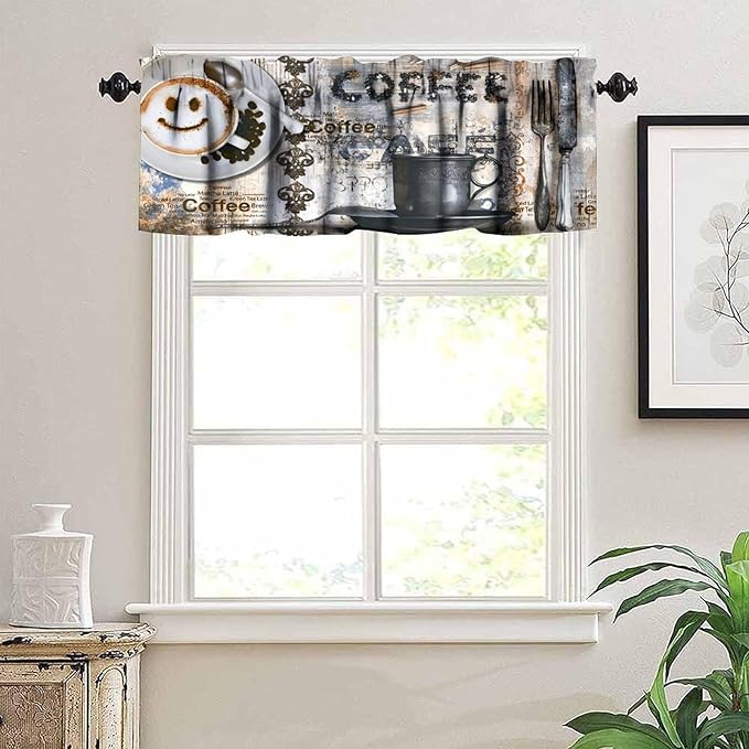 Retro Coffee Valance Curtain, Smiley Latte Art Coffee Typography Cups Wooden Farmhouse Small Window Treatment for Kitchen Cafe Bedroom Dining Living Room Home Decor, 54x18Inch