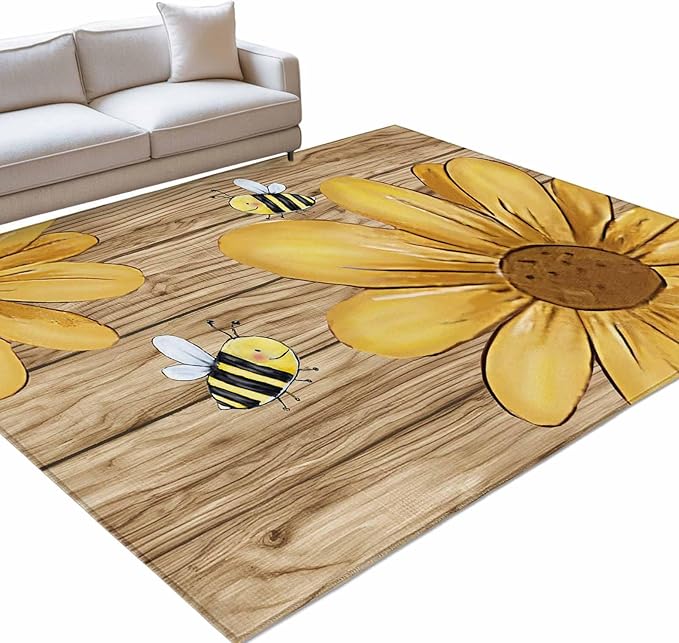Area Rug 8x10ft, Summer Yellow Bee Blossom Flower Washable Rugs for Living Room Bedroom, Retro Rustic Brown Wood Board Soft Non-Slip Area Rugs Rectangle Floor Carpet for Dining Room