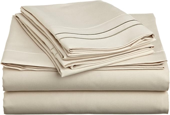 Lamma Loe Silky Soft Luxurious Supreme Microfiber 4-Piece Sheet Set with Embroidered Pillow Cases, Twin, Cream/Tan