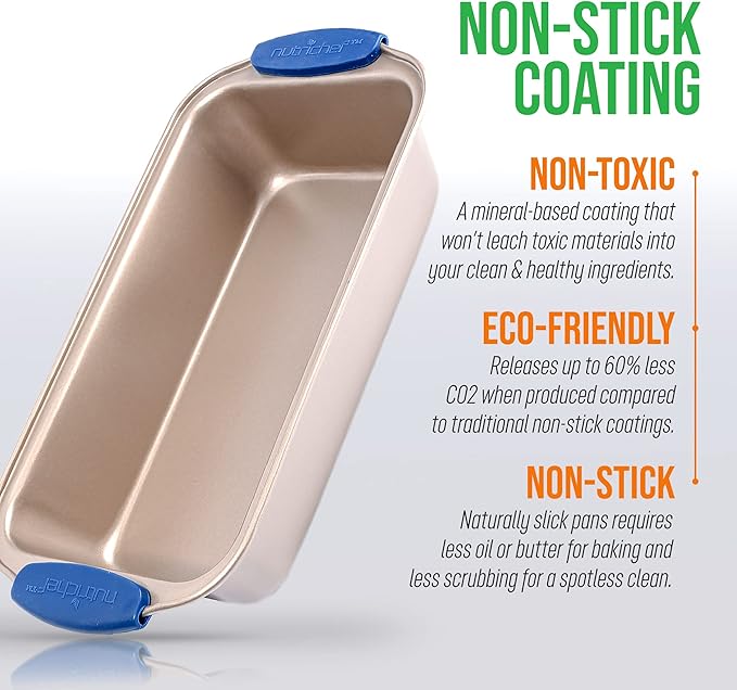 Non Stick Loaf Baking Pan, Deluxe Gold Carbon Steel Pan with Blue Silicone Handles, Quality Metal Bakeware For Cooking & Baking Cake Loaf, Muffins & More, Compatible with Model NCSBSG36