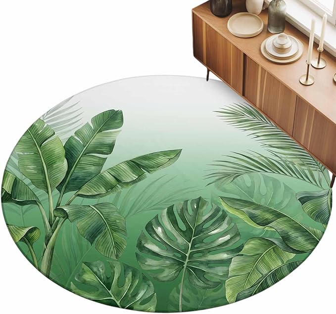 Washable Round Area Rug Botanical Rainforest Plants Circle Rugs Floor Carpet for Living Room Bedroom, Watercolor Tropical Banana Leaves Soft Non Slip Round Rug 3ft