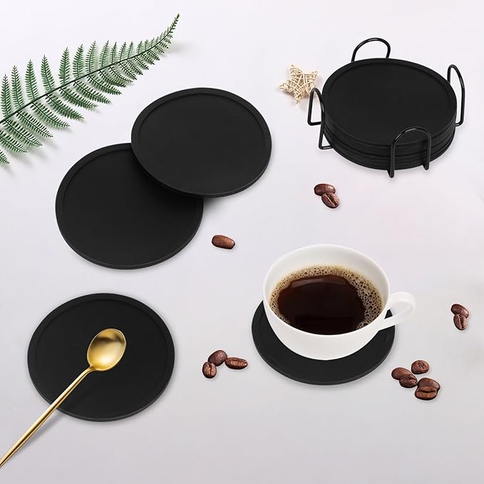 Silicone Coasters Set of 12 with Holder, Drinking Coasters - Cup Mat for Hot or Cold Drinks,Beer,Coffee, Thickened, Non-Slip, Non-Stick, Deep Tray Black