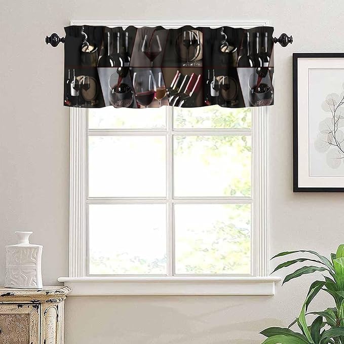 Red Wine Curtain Valance, Modern Black Wine Bottles Glasses Drinking Short Rod Pocket Window Valance for Kitchen Dining Resturant Party, 54x18Inch