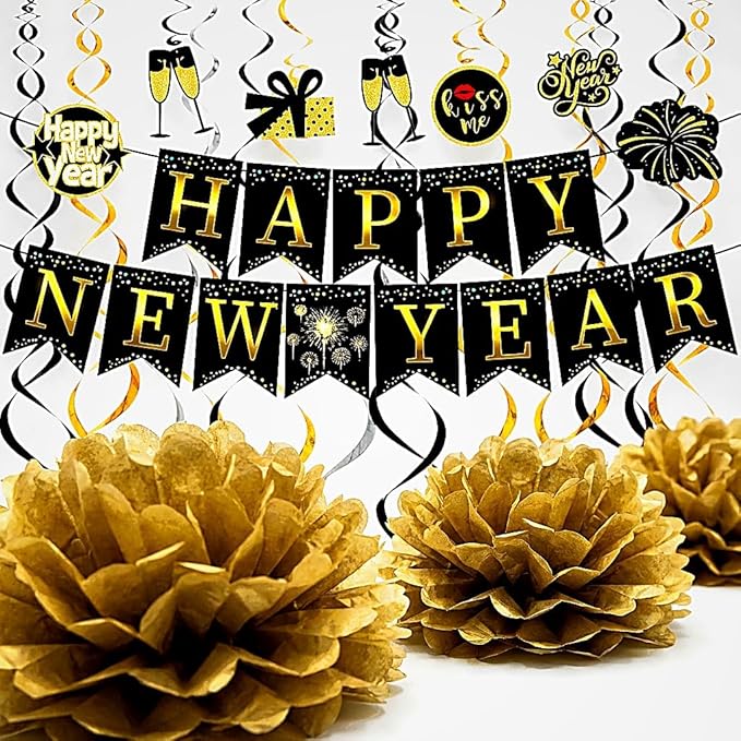 New Year‘s Eve Party Supplies 2026 -34PCS Happy New Years Decorations 2026 for 12+ Guests Includes Banner, Pom Poms, Balloons ,Triangle Flag for Nye 2026 Celebrations Premium Black Gold new years set