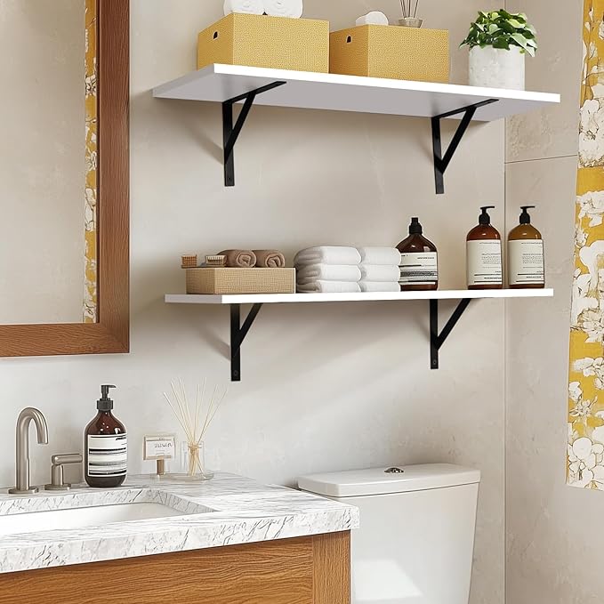 Tectocker-DOU Heavy Duty Long Wall Shelves Set of 2, Floating Shelves Wall Mounted with Industrial Brackets, 40lbs Capacity Shelves for Laundry Room, Kitchen, Bathroom, Living Room (31.5"*8",White)
