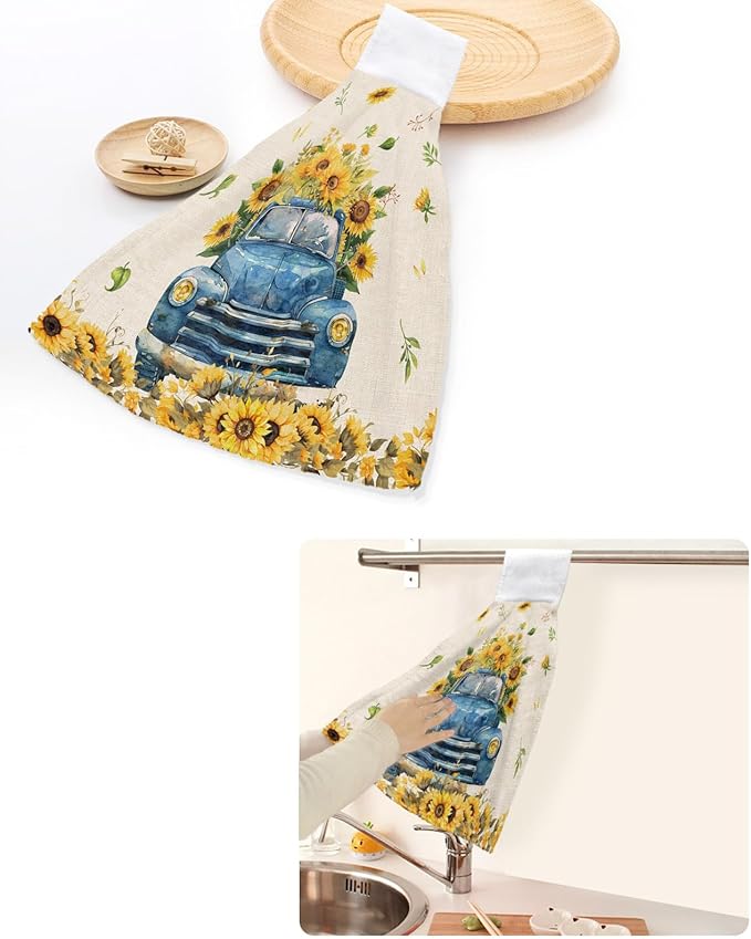Alandar Home Kitchen Tie Towel Set of 2, Spring Farm Sunflower Blue Truck Absorbent Soft Hand Towels for Bathroom Hanging Towels, Blossom Floral on Linen Fast Drying Cleaning Cloth with Loop
