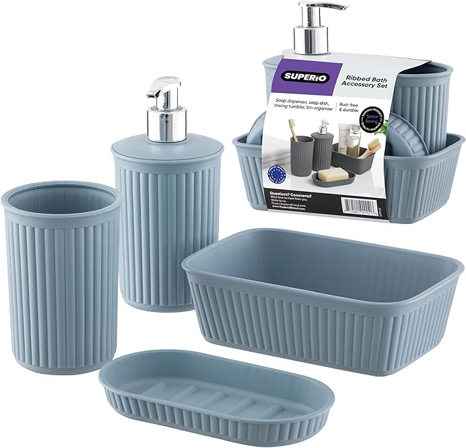 Decorative Plastic Bathroom Accessories Set, Blue (Set of 4) Soap Dish, Liquid Dispenser, Toothbrush Holder Cup, Vanity Organizer Tray - Bath Accessory Countertop Decor Gift - Ribbed Design