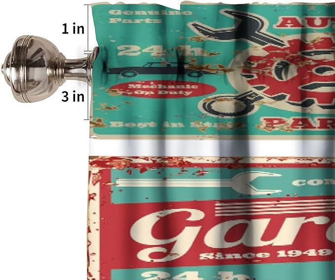 Retro 1950s Valance Curtain Vintage Car Service and Gas Station Metal Signs Windows Short Curtains Valances for Kitchen Living Room Bathroom Bedroom Decor with Rod Pocket, One Panel 54X18 Inches