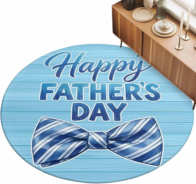 Washable Round Area Rug Father's Day Vintage Plank Circle Rugs Floor Carpet for Living Room Bedroom, Cartoon Blue Stripes Bow Soft Non Slip Round Rug 5ft