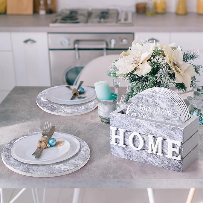 Queekay Coasters Set of 6 House Warming Gifts New Home Wooden Farmhouse Drink Coasters with Holder 4'' Funny Decoration for Kitchen Family Coffee Bar Tabletop Protection(Gray Marble)