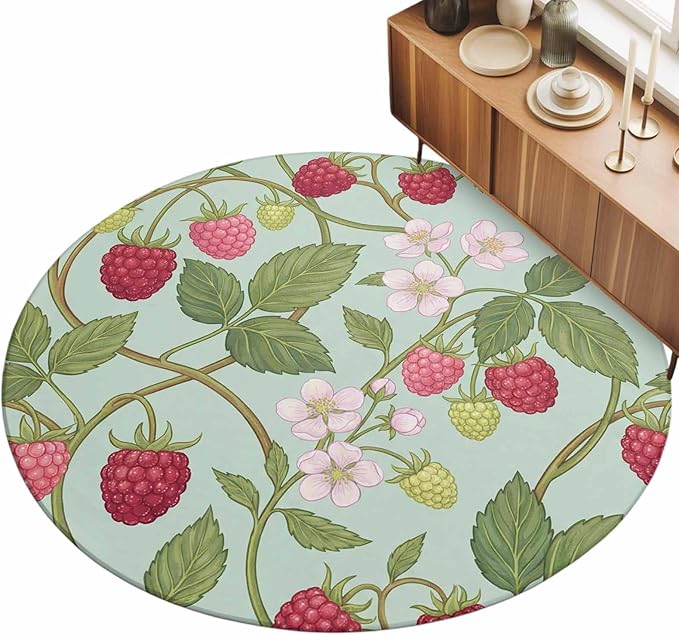 Washable Round Area Rug Farmhouse Berry Red Pink Blossoms Flower Circle Rugs Floor Carpet for Living Room Bedroom, Green Leaves Soft Non Slip Round Rug 3ft