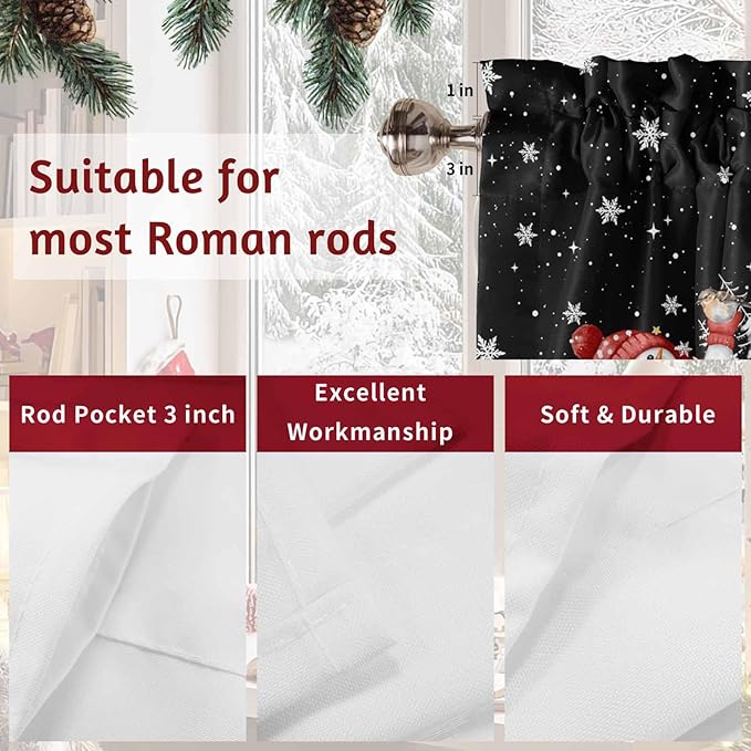 Christmas Snowman Swag Valance Curains Winter Xmas Tree Snowflakes Black Rod Pocket Kitchen Curtains Scalloped Window Treatment Valances Swag for Living Room Bedroom, 1 Pair, 36"W x 45"L