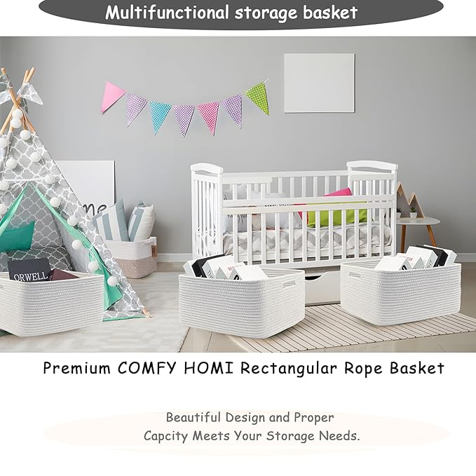 COMFY-HOMI Cotton Rope Woven Basket with Handles for Shelves,Toys,Book, Cloth Storage Baskets for Organizing-17" x 13" x 7.5" Toy Decorative Organizer for Living Room, Bathroom (All White)