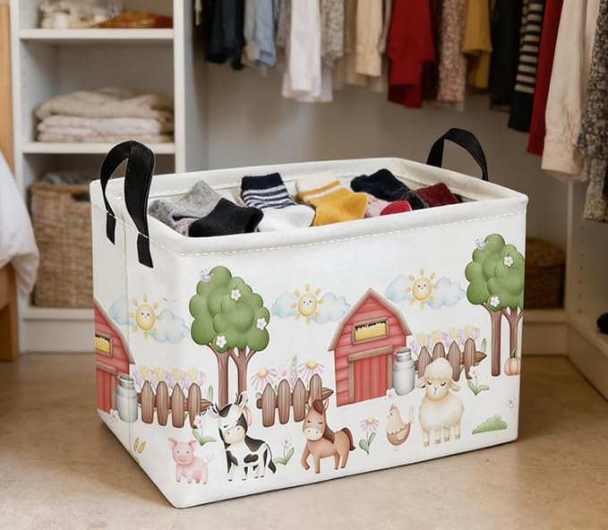 Essme Rectangular Farm Basket,Kids Baskets Empty with Handles,Cute Baskets for Kids Room Decor,Boys and Girls, Gift Basket,(Animal Farm)