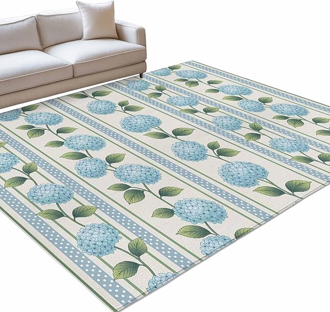 Area Rug 3x5ft, Spring Blue Flower Hydrangea Leaf Washable Rugs for Living Room Bedroom, Floral Stripes on Linen Soft Non-Slip Area Rugs Rectangle Floor Carpet for Dining Room