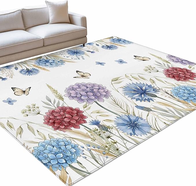 Area Rug 4x6ft, Watercolor Hydrangea Flower Washable Rugs for Living Room Bedroom, Garden Floral Butterfly Leaves Soft Non-Slip Area Rugs Rectangle Floor Carpet for Dining Room