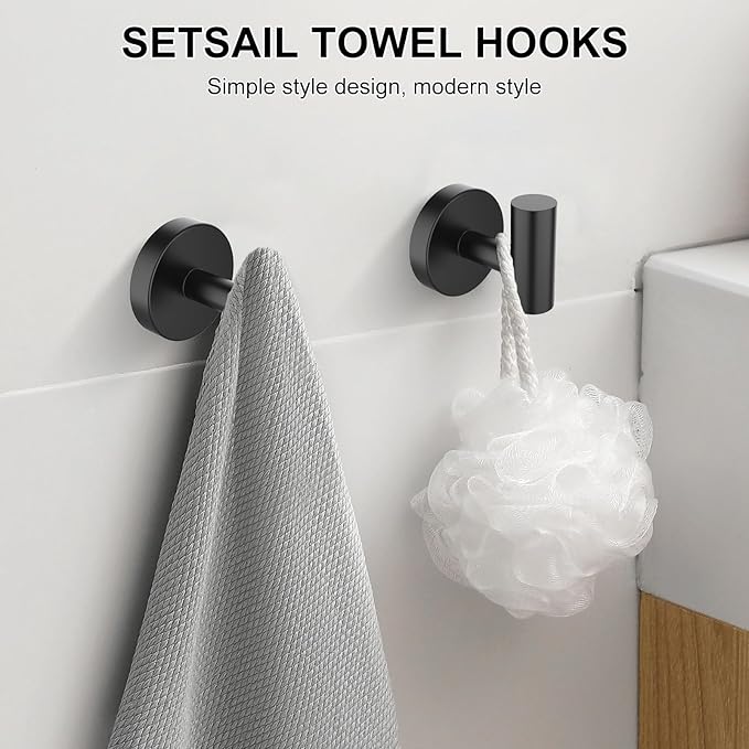 SetSail Towel Hooks for Bathrooms 4 Packs Screw-in Matte Black Bathroom Towel Hook Wall Mounted Stainless Steel Shower Towel Hooks for Coat Hanging, Drill Hole