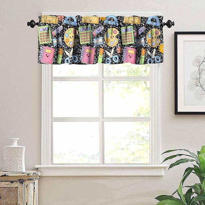 School Supplies Valance, Kids Cute Cartoon Educational Learning Tools Window Treatment for Kitchen Dining Room Bedroom Classroom, 54x18Inch
