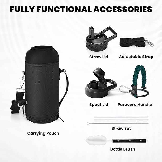 RAYMYLO Insulated Water Bottle 32 oz, Triple Wall Vacuum Stainless Steel (Cold for 24Hrs, Hot for 12Hrs), Leak Proof & Non-BPA, Modern Water Flask Jug with Paracord Handle & Straw Spout Lids