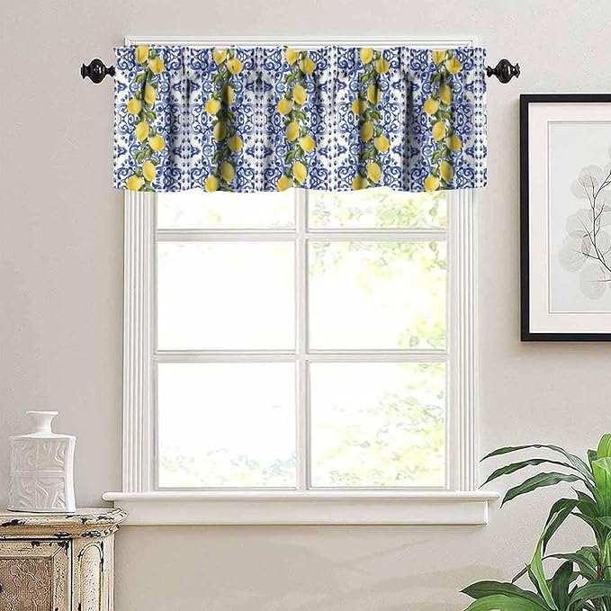 Blue White Tile Valance, Yellow Lemon Summer Fruit Short Rod Pocket Window Curtain for Kitchen Dining Room Bedroom Cafe Resturant Home Decor, 54x18Inch