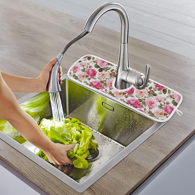 Kitchen Faucet Absorbent Mat,Pink Rose Flower Floral Water Splash Guard for Sink, Faucet Drip Catcher Thicken Sponge Microfiber Faucet Water Catcher Mat Sink Absorbent Mat for Kitchen 14x5in 2 Pack