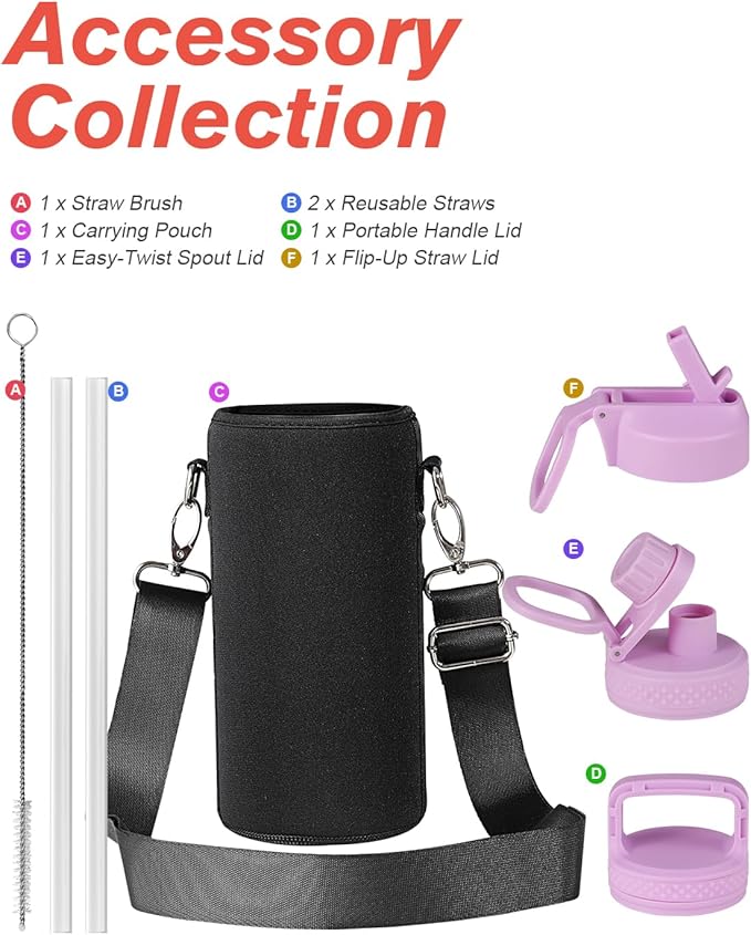 Coolflask Water Bottle 32 oz Insulated with Straw, Stainless Steel Metal 3 Lids Water Flask Wide Mouth for Sports or Office, Non-BPA Keep Cold Up to 48 Hrs or Hot Up to 24 Hrs, Pink