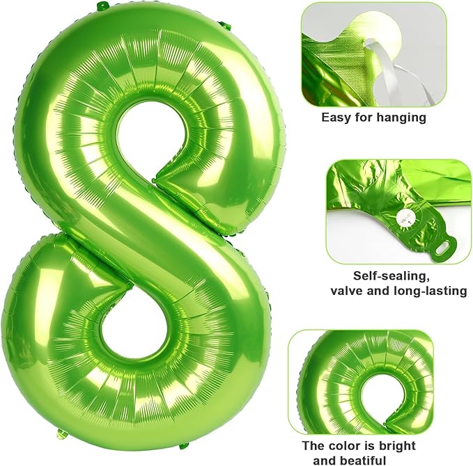40 Inch Number 8 Balloon, Light Green 8 18 28 80 Birthday Balloons for Men Boys, 8th Birthday Decorations Party Supplies, Wedding, Graduations