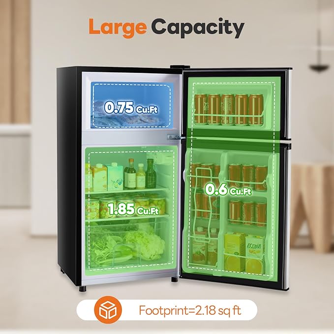 Sweetcrispy 3.2 Cu.Ft Mini Fridge with Freezer, 2 Door Small Refrigerator with Adjustable Thermostat Energy-efficient Low Noise, Compact Fridge for Bedroom, Office, Dorm, Silver