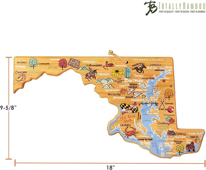 Totally Bamboo Maryland State Shaped Cutting Board and Charcuterie Serving Platter with Artwork by Fish Kiss, Includes Hang Tie for Wall Display