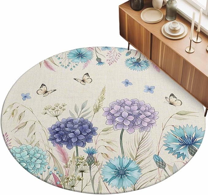 Washable Round Area Rug Farm Blossom Floral Hydrangea Circle Rugs Floor Carpet for Living Room Bedroom, Watercolor Butterfly on Linen Soft Non Slip Round Rug 3ft