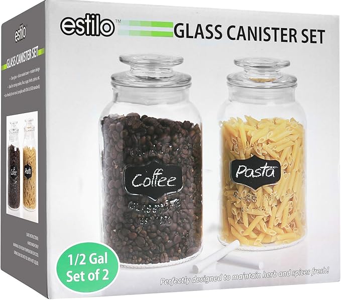 Estilo Round Glass Canister Jars with Airtight Lids Ideal for Cookies, Candies, Cereal - Cookie Jar - Includes Chalkboard Labels and Chalk - 1/2 Gallon (Set of 2), Clear