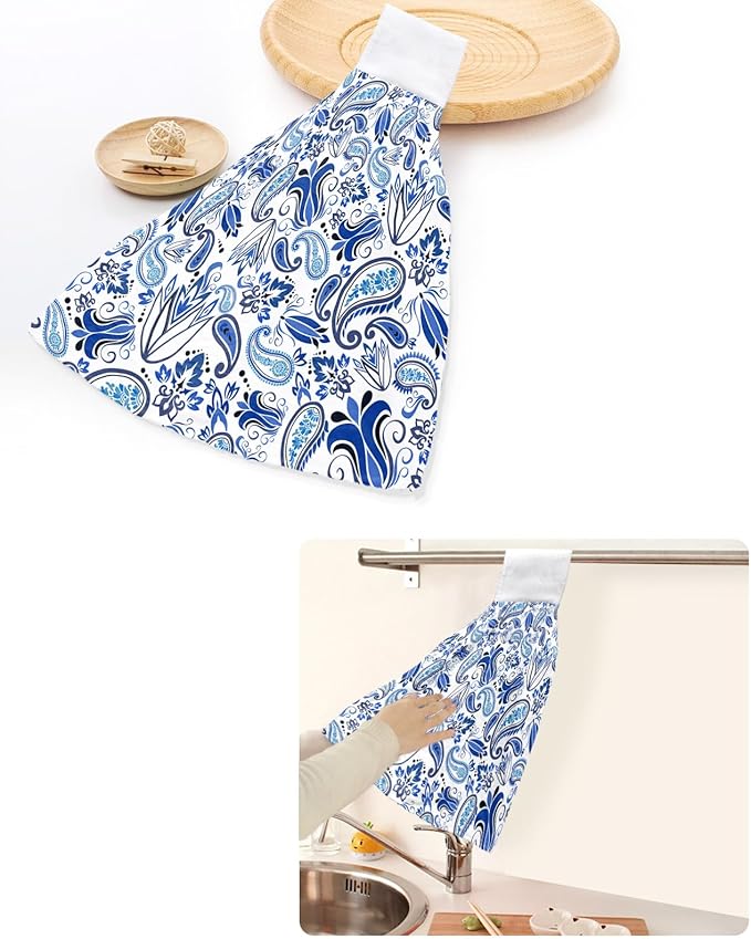 Alandar Home Kitchen Tie Towel Set of 2, Watercolor Paisley Bandanna Absorbent Soft Hand Towels for Bathroom Hanging Towels, Abstract Blue Flowers Fast Drying Cleaning Cloth with Loop