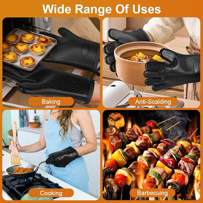 AUAUY Oven Mitts with 2 Pot Holders, Silicone Oven Gloves Heat Resistant 464°F, BBQ Gloves with Fingers, Non-Slip Oven Gloves, Cooking Gloves for Grilling Kitchen Baking Oven Microwave, Black