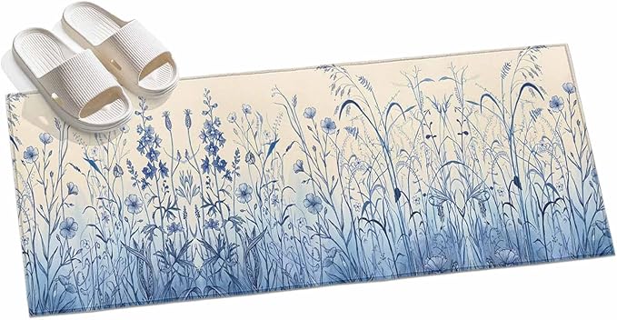 Runner Rug for Bedroom Hallway, Vintage Boho Blue Wildflowers Meadow Kitchen Runner Rugs Area Rug 2x6ft, Abstract Flower Washable Soft Floor Carpet for Entryway Stair