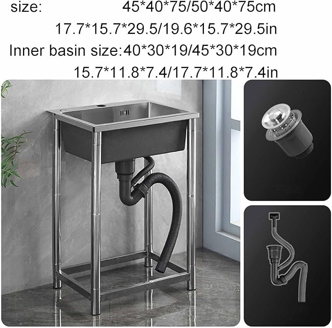 Sink Stainless Steel Kitchen SinkHand Made, 304 Stainless Steel Sink Compartment Free Standing Utility Sink for Garage, Restaurant, Laundry Room, Outdoor,Without Faucet-50 * 40 * 75cm