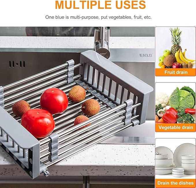 Extend Kitchen Sink Drain Basket, Adjustable Stainless Steel Drying Rack, Extender Basket for Vegetables Fruits and Dishes, Space-Saving Solution for Fruit Vegetable (Silver,Small)