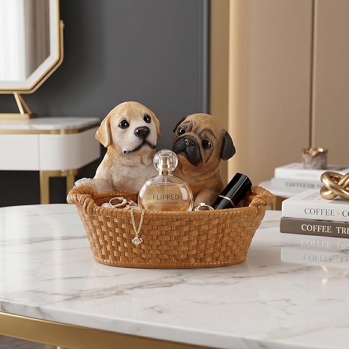 Resin Labrador & Pug Desktop Storage Basket, Decorative Catchall Bowl & Key Tray for Entryway Table, Cute Dog Statue Organizer, Pet Lover Gift