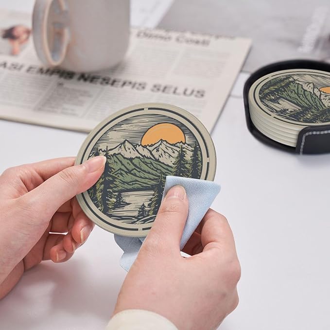 Mountain Sunset Leather Drinks Coasters with Holder, Set of 6, Suitable for Various Cups
