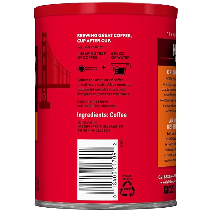 Hills Bros. Original Blend Ground Coffee – Premium Arabica Coffee Beans – Medium Roast, Rich Flavor Cup After Cup – Recyclable Steel Can for Freshness – Certified Kosher – 11.3oz Can, Pack of 6