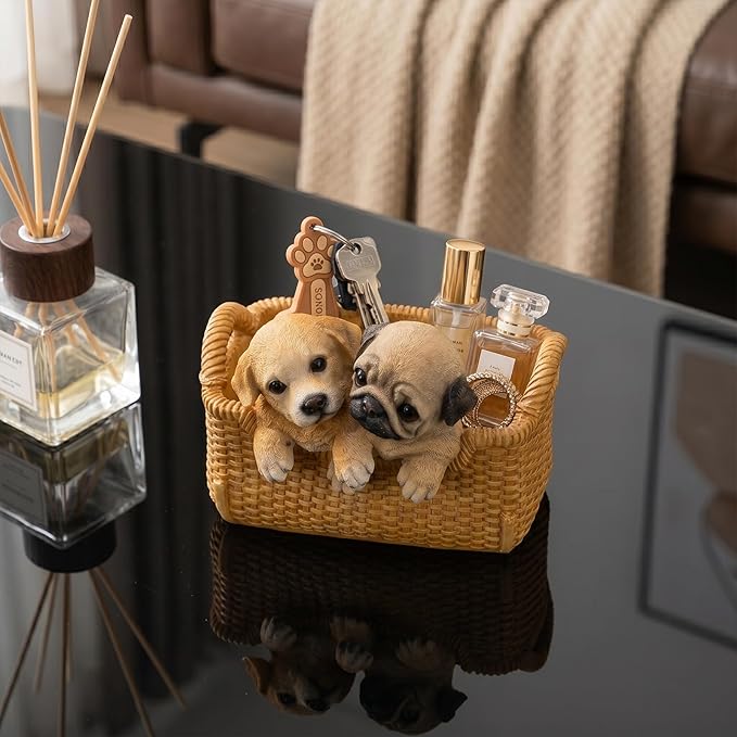 Labrador & Pug Statue Key Bowl for Entryway Table - Large Capacity Decorative Key Holder Bowl - Weighted Candy Dish for Office Desk, Stable Animal Storage Basket for Home Decor