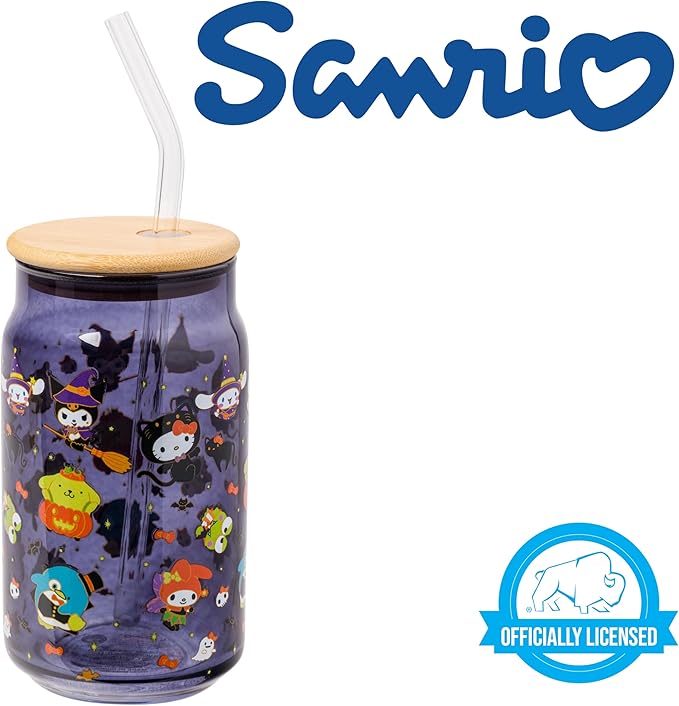 Silver Buffalo Sanrio Hello Kitty & Friends Halloween Kuromi, My Melody, Cinnamoroll, Chococat, Pompompurin, Keroppi, Tuxedo Sam, Badtz-Maru Glass Jar Tumbler w Bamboo Lid and Glass Straw, 16 Ounces