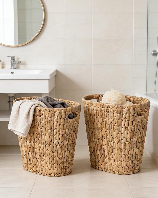 Handwoven Water Hyacinth Trash Can - Natural Wicker Waste Basket with Wooden Handles, Slim Oval Design for Bathroom, Bedroom, Office (13"x7.5"x12") | Eco-Friendly & Space-Saving Storage Bin (1)