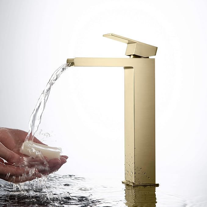 KIBI Waterfall Bathroom Sink Faucet | Single Handle Brass Vanity Faucet with Water Supply Hose | Durable Brass Construction and Smooth Water Flow | Brushed Gold, KBF1005
