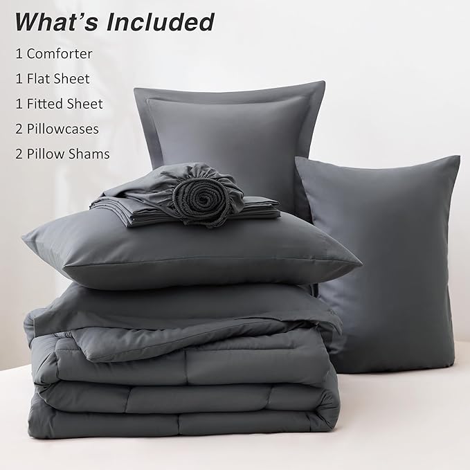 Love's cabin King Size Comforter Set Soot Grey, 7 Pieces King Bed in a Bag, All Season Bedding Sets with 1 Comforter, 1 Flat Sheet, 1 Fitted Sheet, 2 Pillowcase and 2 Pillow Sham | Soft, Breathable, Lightweight, Comfortable